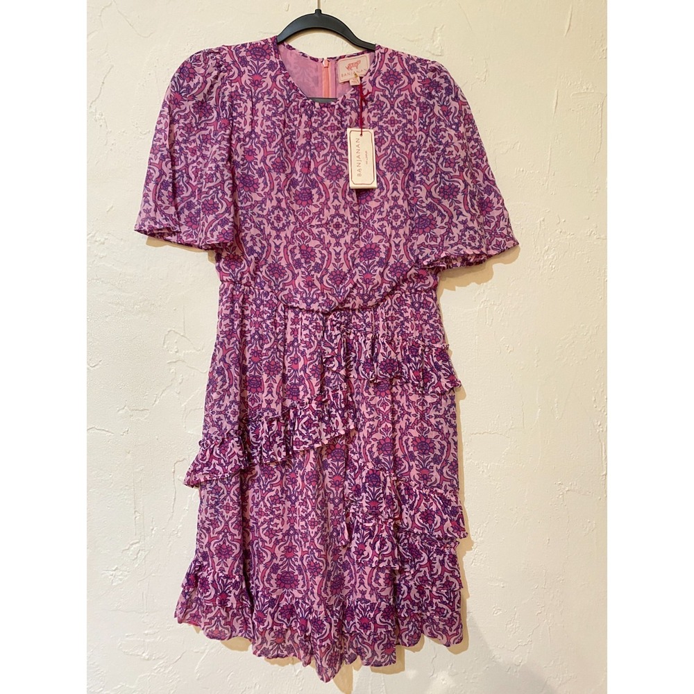 Banjanan Bazaar Dress size XS Pink Purple Ruffle Tiered Midi Summer Boho NWT